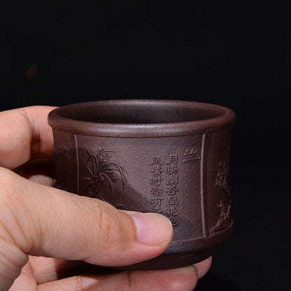 2.7oz Zisha Tea Cup Real Yixing Purple Grit Cup Handmade Carved Words Bamboo Cup