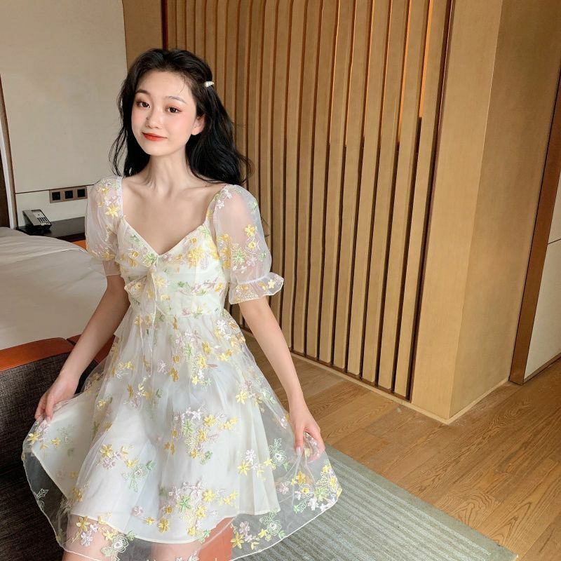 Women Dress Floral Puff Sleeve Lace Chiffon Print Mini Vintage Fairy Cotton Lace