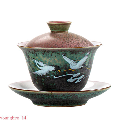 Anti Scald Large Ceramic Retro Tea Cover Bowl with Lid Sancai Gaiwan Single
