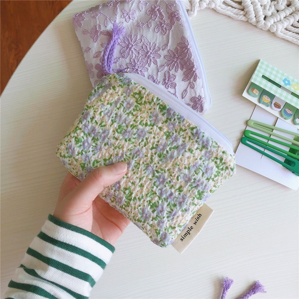 Cotton Floral Organizer Bag Small Fabric Cosmetic Make Up Purse Coin Pouch Case