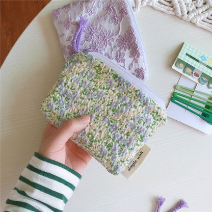 Cotton Floral Organizer Bag Small Fabric Cosmetic Make Up Purse Coin Pouch Case