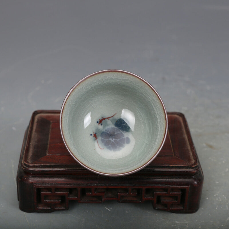 2.8" Collect Chinese Qing Blue-and-white Porcelain Red Glaze Character Cup Pair