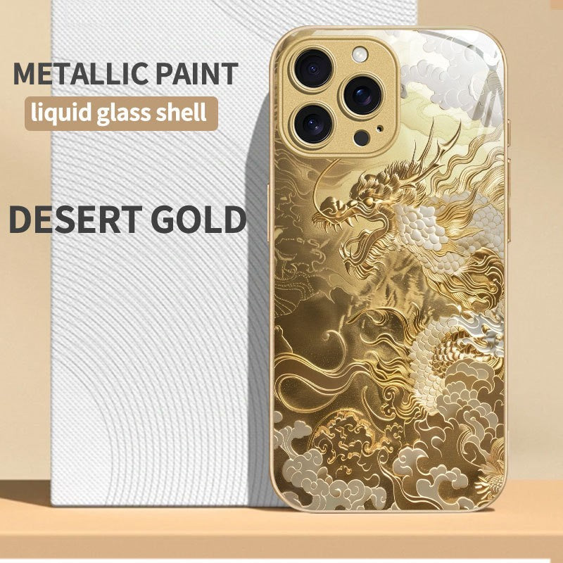 For iPhone 17 Pro Max/16/15 Plus/14 Metal Glass Painted Dragon Shockproof Case