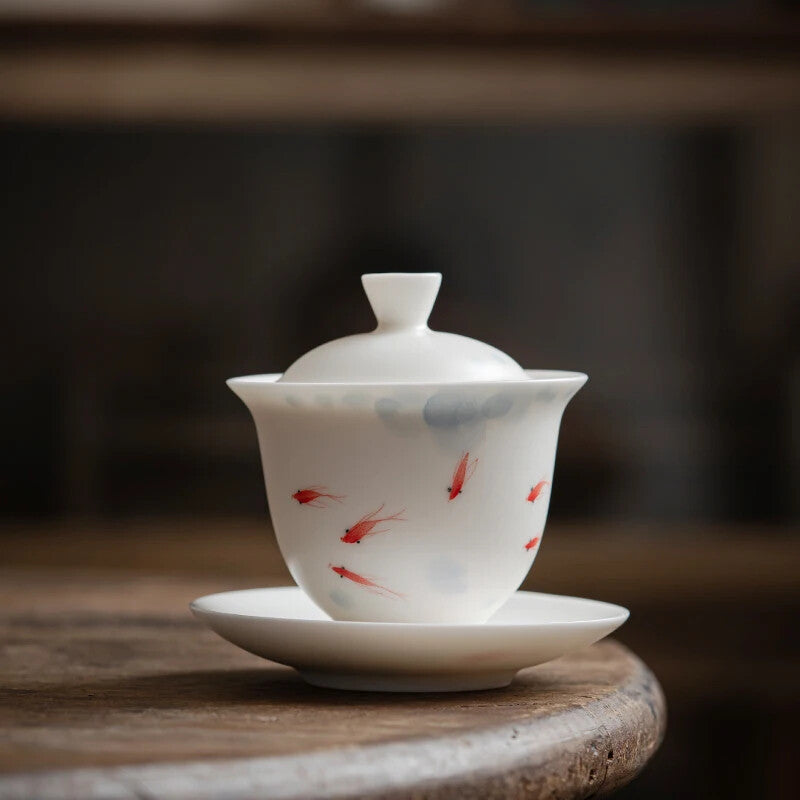 White Porcelain Ru Kiln Hand-painted Fish Cover Bowl Ceramic Household Tea Bowl