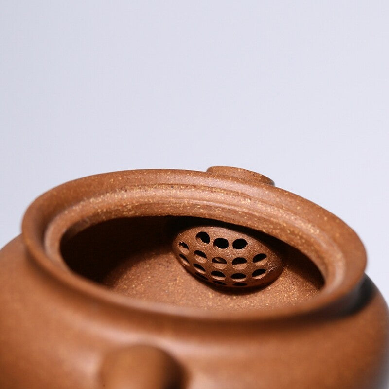 Chinese Character Carved Handmade Tea Pot Ball Shaped Infuser Hole Duan Clay Pot