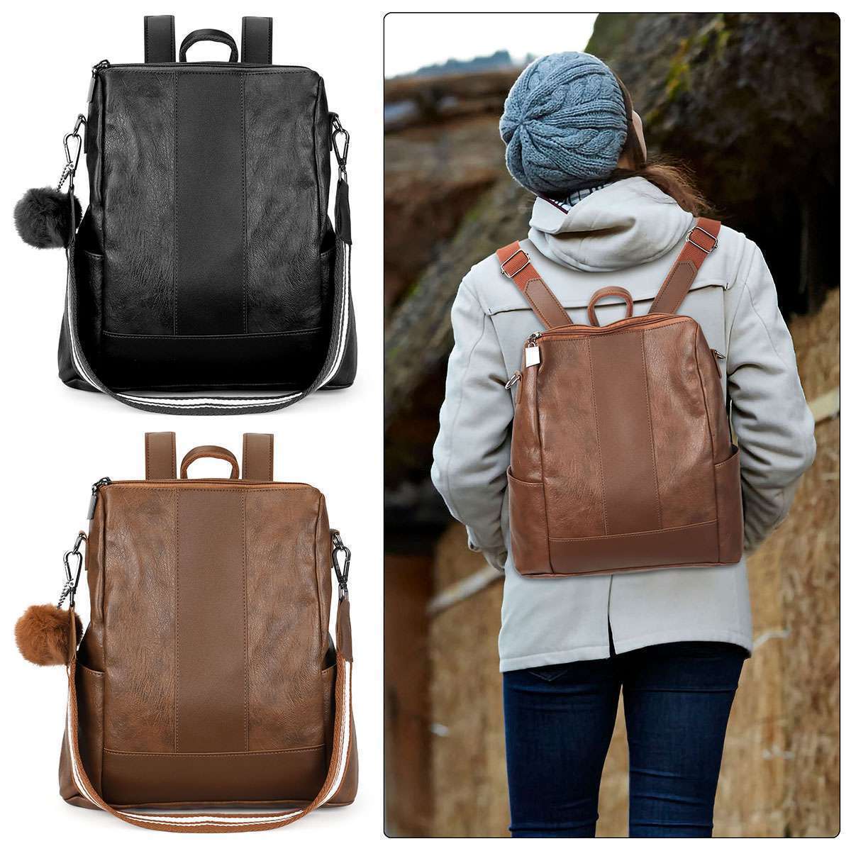 Women Retro Anti-theft Backpack PU Leather Shoulder Handbag Fashion Travel Bag