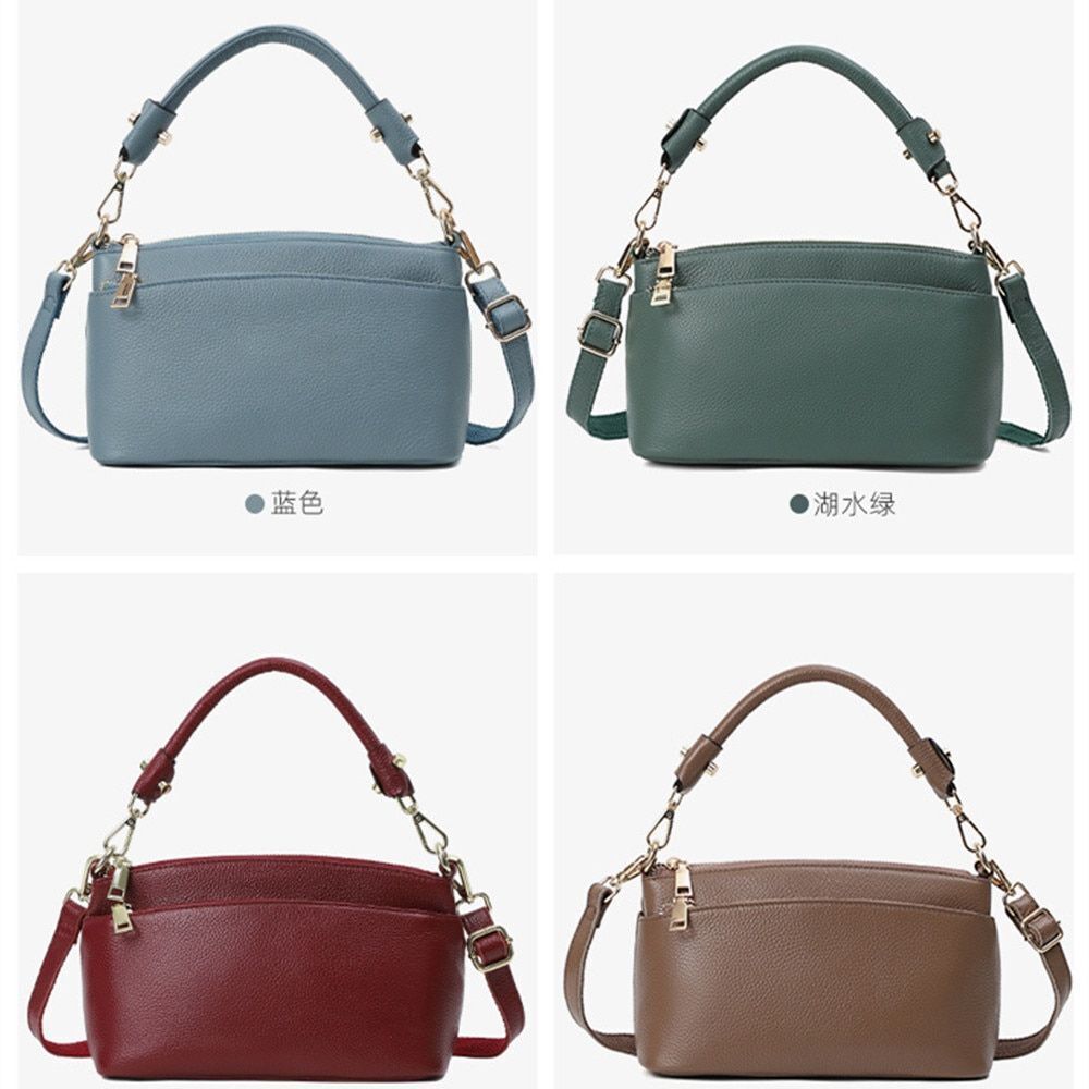 Genuine Leather Bag Fashion Crossbody Purse Black Handbag Zippers Cowhide Bags