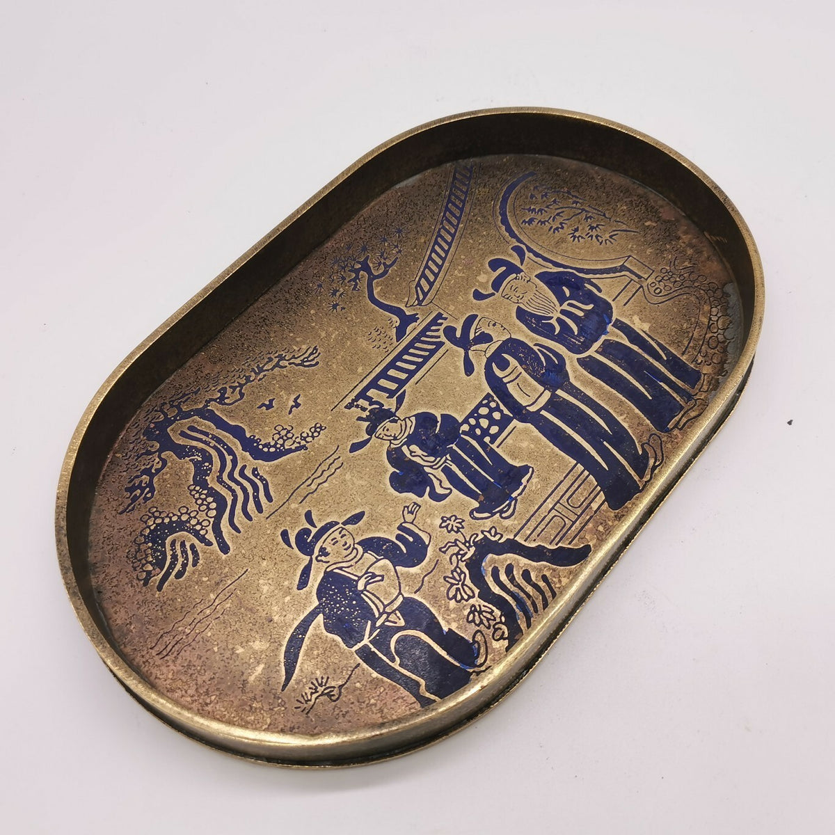 22cm China Ancient Brass Painting People Gathering Pattern Tea Board Tea Tray