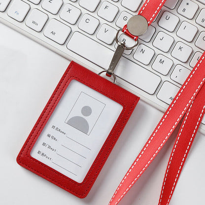 PU Leather Business Work Card ID Badge Lanyard Holder Neck Strap Cover Bags Ca