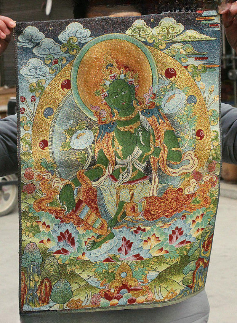 China Buddhism Cloth Silk Green Tara Enlightenment Goddess Thangka Thanka Mural