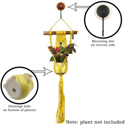 Vibrant Yellow Handcrafted Macramé Hanging Plant Hanger w/ Ceramic Owl Planter