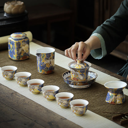 Complete Tea Set Color Enamel Porcelain Gaiwan Matching Pitcher Tea Cup Crane