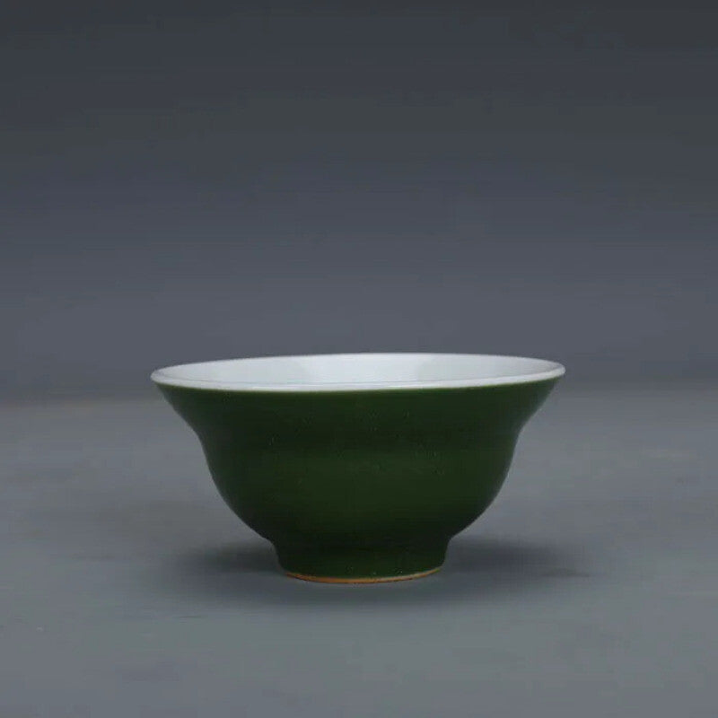 3.2" Chinese Jingdezhen Army Green Glaze Porcelain Gongfu Teacup Cup