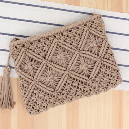 Boho Woven Handbag Women Summer Beach Cotton Tassel Bag Rattan Shoulder Ladies