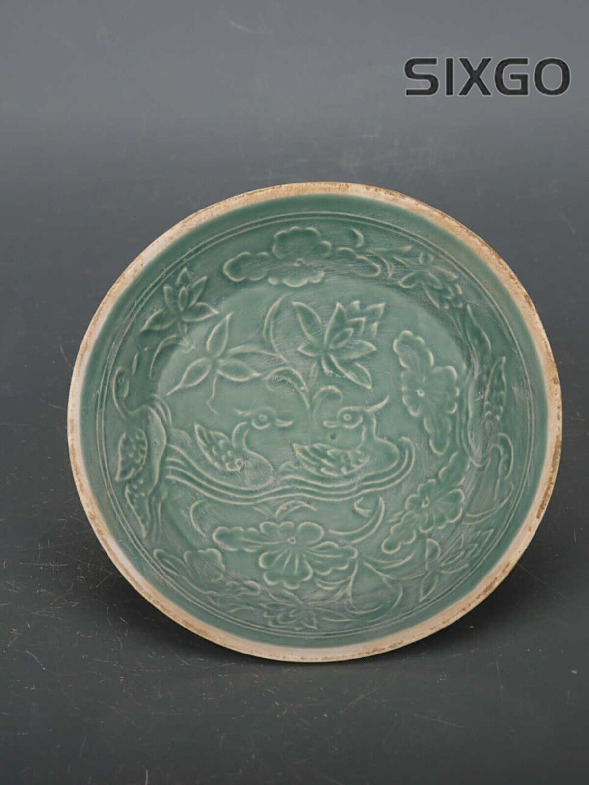 4.9" China Ding Kiln Porcelain Emerald Green Glaze Carve Mandarin Duck Bowl