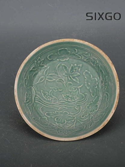 4.9" China Ding Kiln Porcelain Emerald Green Glaze Carve Mandarin Duck Bowl
