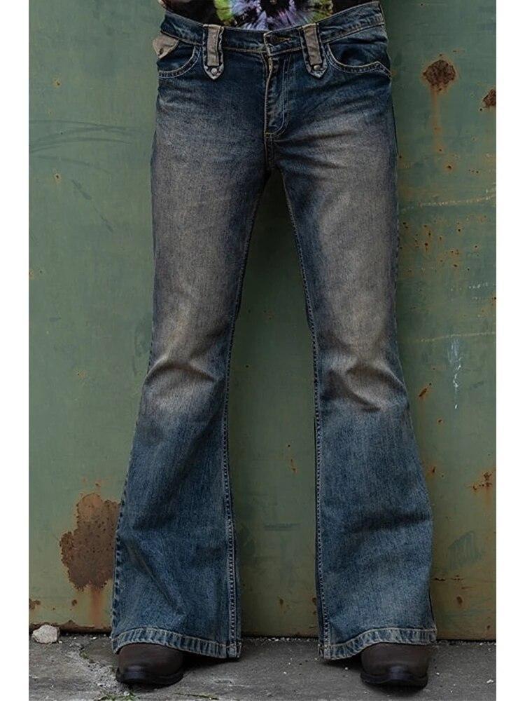Really Punk Retro Men Bell Bottom Jeans Slim Flared Denim Pants 60s 70s Trousers