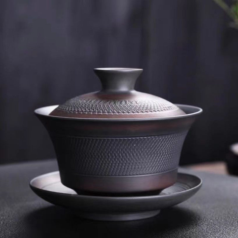 Handmade Purple Pottery Cover Bowl Embossed Bowl Cup Tea Bowl Kung Fu Bowl