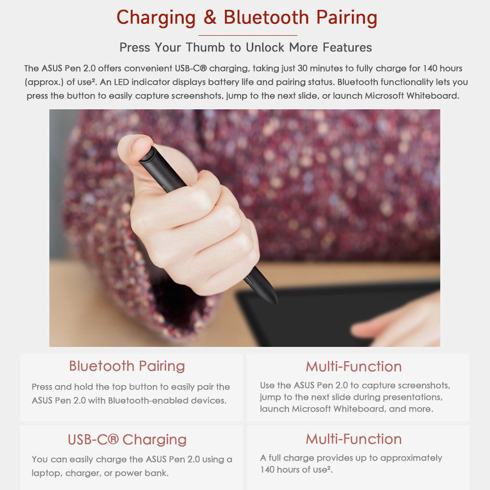 Original ASUS Pen 2.0 SA203H – MPP 2.0, 4096 Levels, USB-C Charging, 4 Tips