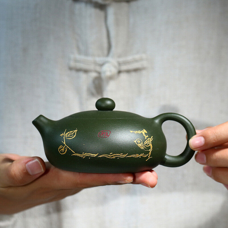 Ball Shaped Infuser Holes Xishi Pot Real Yixing Zisha Green Clay Marked Tea Pot