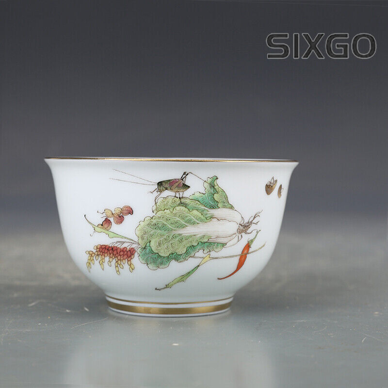 3.6" Collect Chinese Blue-and-white Porcelain Peanut Cabbage Insect Cup '生财有道'