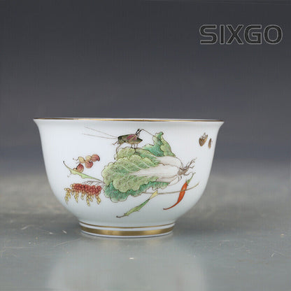 3.6" Collect Chinese Blue-and-white Porcelain Peanut Cabbage Insect Cup '生财有道'