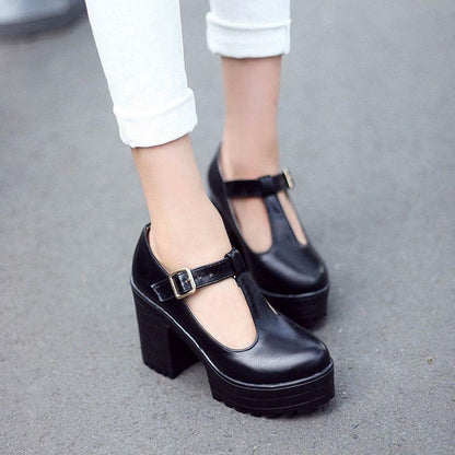 Women's Chic Chunky Heels High Platform Mary Jane Ankle T-Strap Punk Shoes Solid
