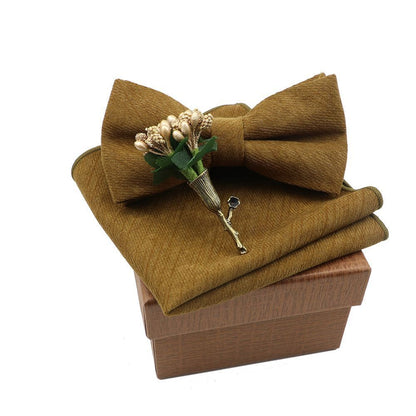 Men Bow Ties 3Pcs Cotton Handkerchief Flower Brooch Women Party Wedding Necktie