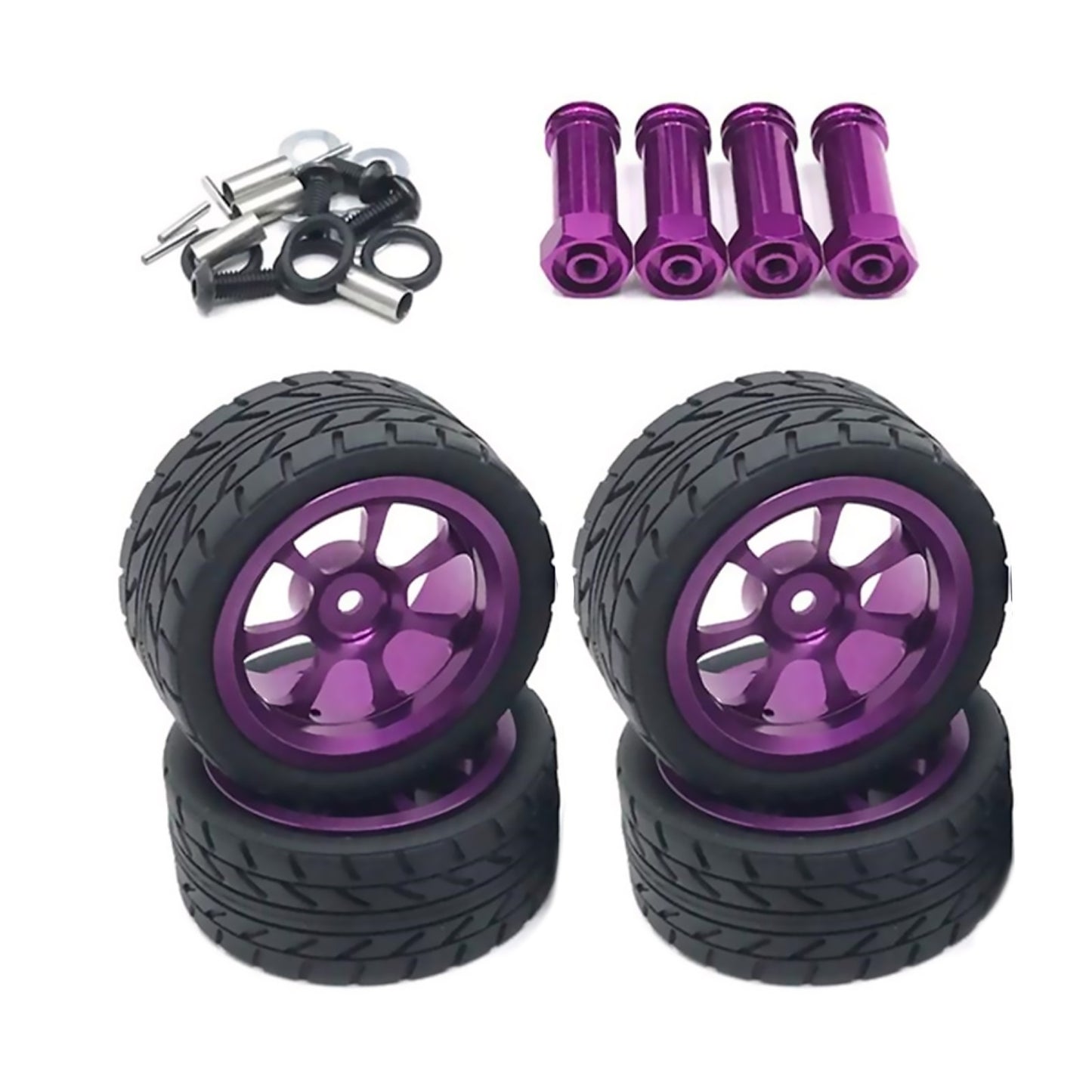 4PCS Purple Wheels Rim Hubs + Rubber Tires 1/14 RC Car For Wltoys 144001 fdd