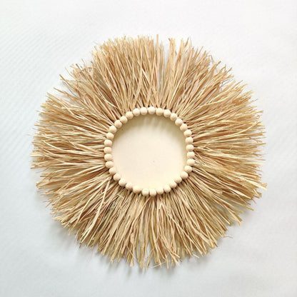 Wall Decor Boho Handmade Woven Straw Moroccan Wood Bead Hanging Ornament 45x45cm