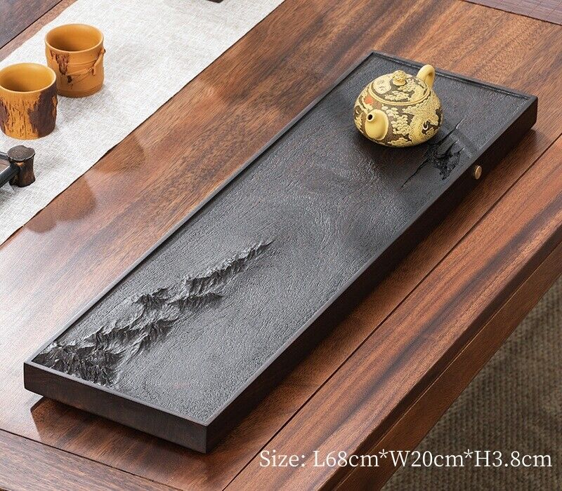 Ebony Wood Tea Tray Hand Carved Serving Tray Water Draining Pipe Solid Wood New