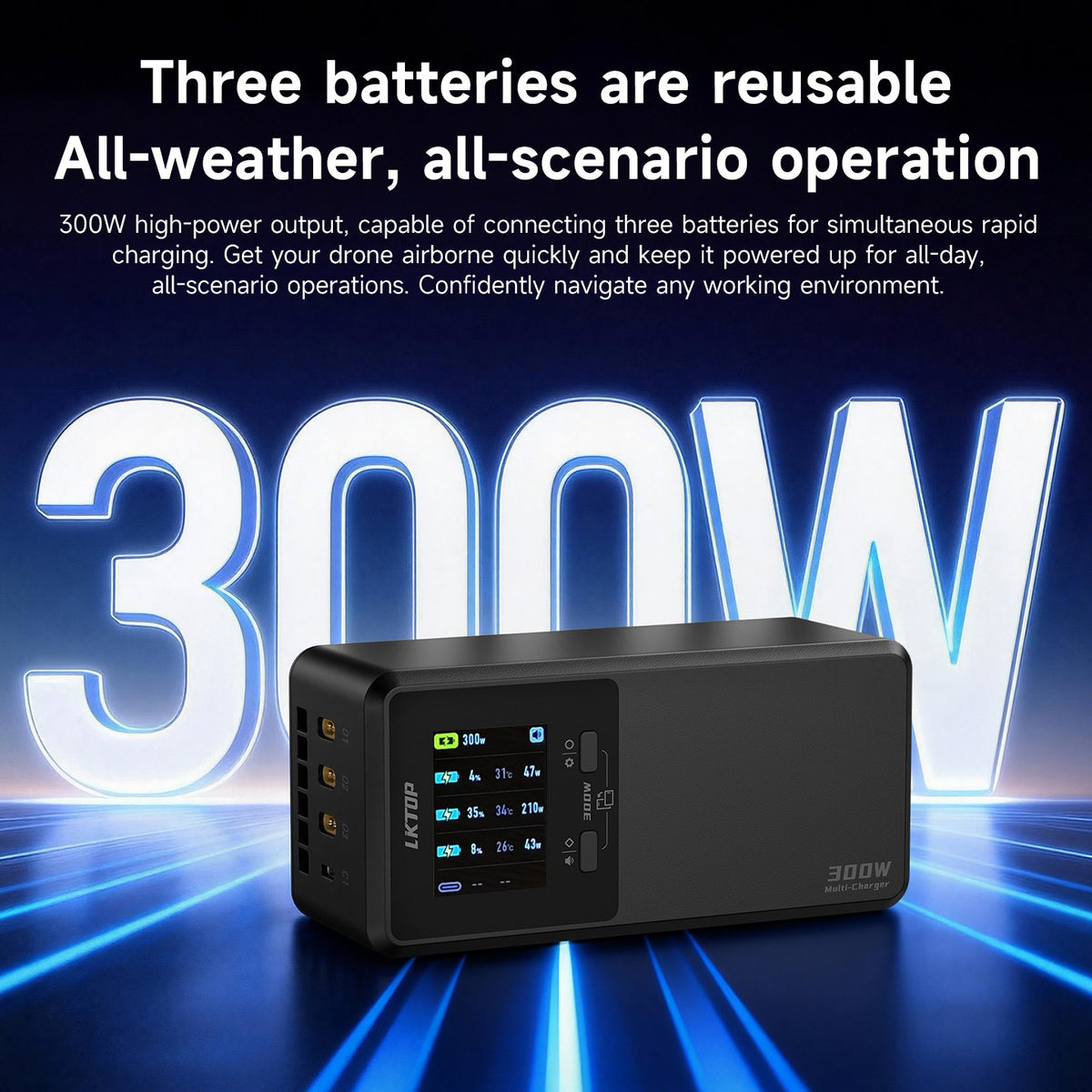 LKTOP 300W 3-Channel Charger for DJI Matrice 4D Batteries – Fast Charge
