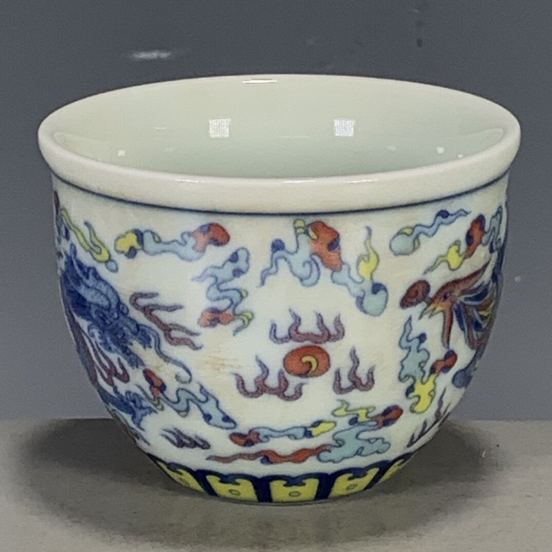 Chinese Ming Chenghua Blue & White Doucai Porcelain Dragon Phoenix Teacup 3.15"