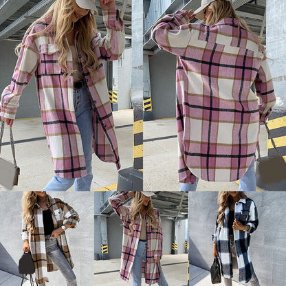 Women's Check Plaid Jacket Shacket Top Oversize Button Baggy Long Shirt Coat