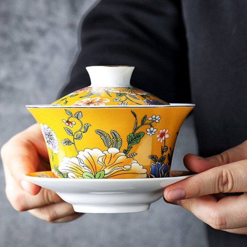 Eight Treasures Gaiwan Tea Bowls Purple Yellow Ceramic Saucer And Cups Drinkware