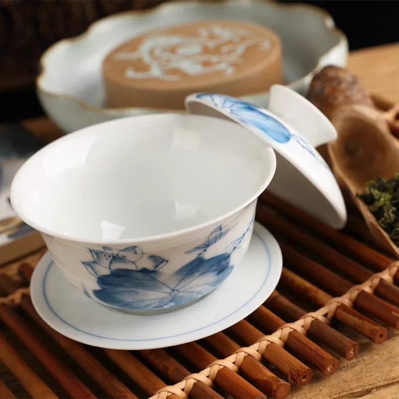 160ml Premium Porcelain Gaiwan Blue and White Kungfu Tea Bowl Chinese Teaware