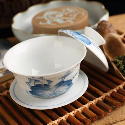 160ml Premium Porcelain Gaiwan Blue and White Kungfu Tea Bowl Chinese Teaware