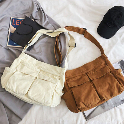 Large Capacity Shoulder Bag Canvas Bag School Messenger Bag Solid Color Fashion