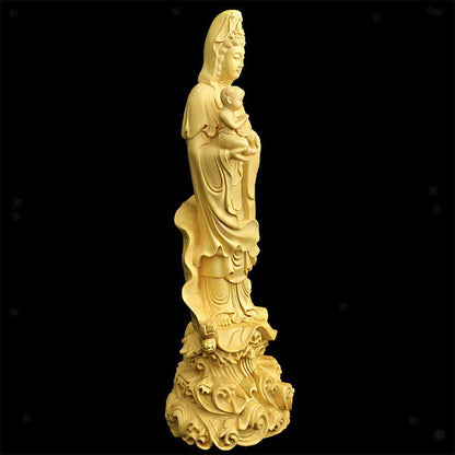 Boxwood Guanyin Sculpture Kwan-Yin Buddha Statue for Home Desktop Decoration