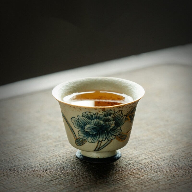 Handpainted Gaiwan Teacup Pitcher Ceramic Peony Print Master Cup Tureen Fair Cup