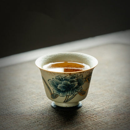 Handpainted Gaiwan Teacup Pitcher Ceramic Peony Print Master Cup Tureen Fair Cup