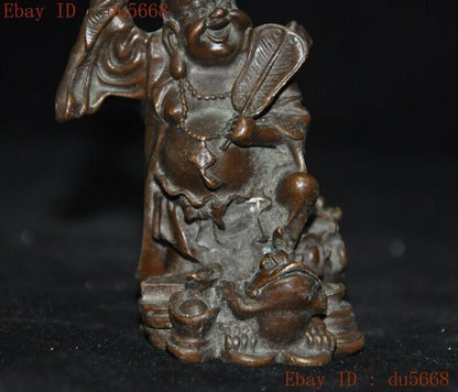 3"Chinese Buddhism Temple Bronze Wealth Gold Toad Yuanbao Maitreya Buddha Statue