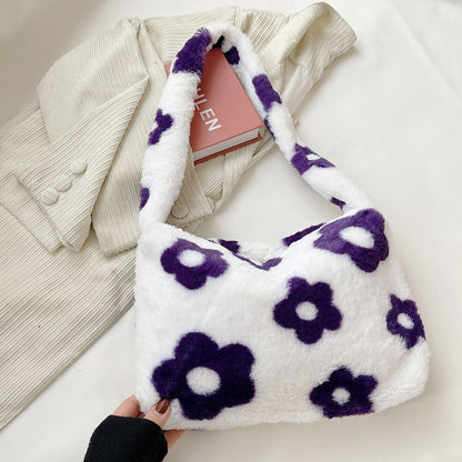 Flower Pattern Shoulder Bag Elegant Underarm Bag Faux Fur Handbag 30*20*5 CM 1PC