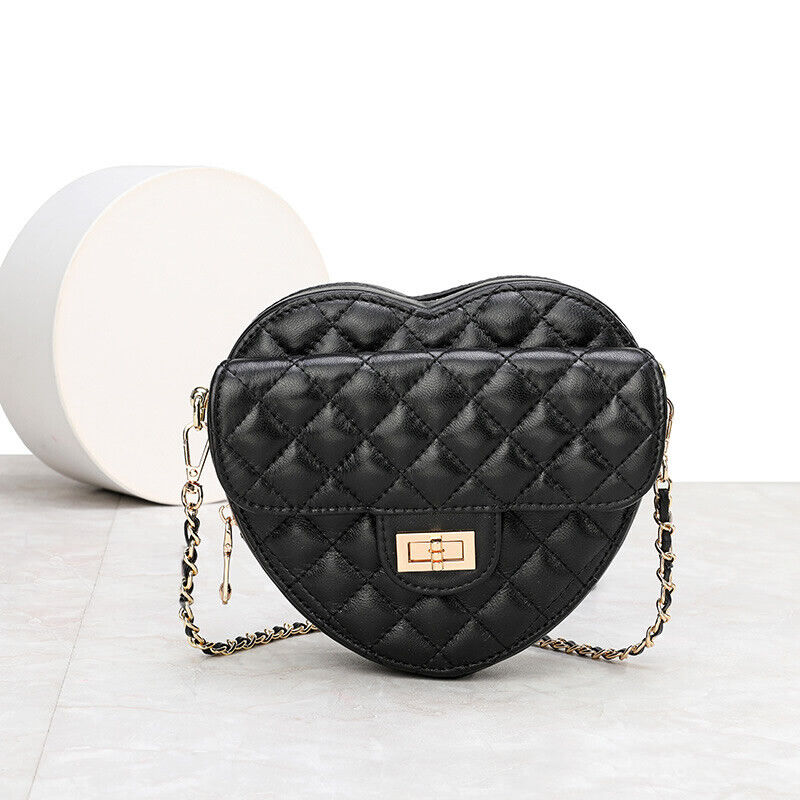 Small Mini Quilted Sheepskin Leather Heart Bag Clutch Shoulder Purse w/ Chain