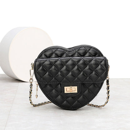 Small Mini Quilted Sheepskin Leather Heart Bag Clutch Shoulder Purse w/ Chain