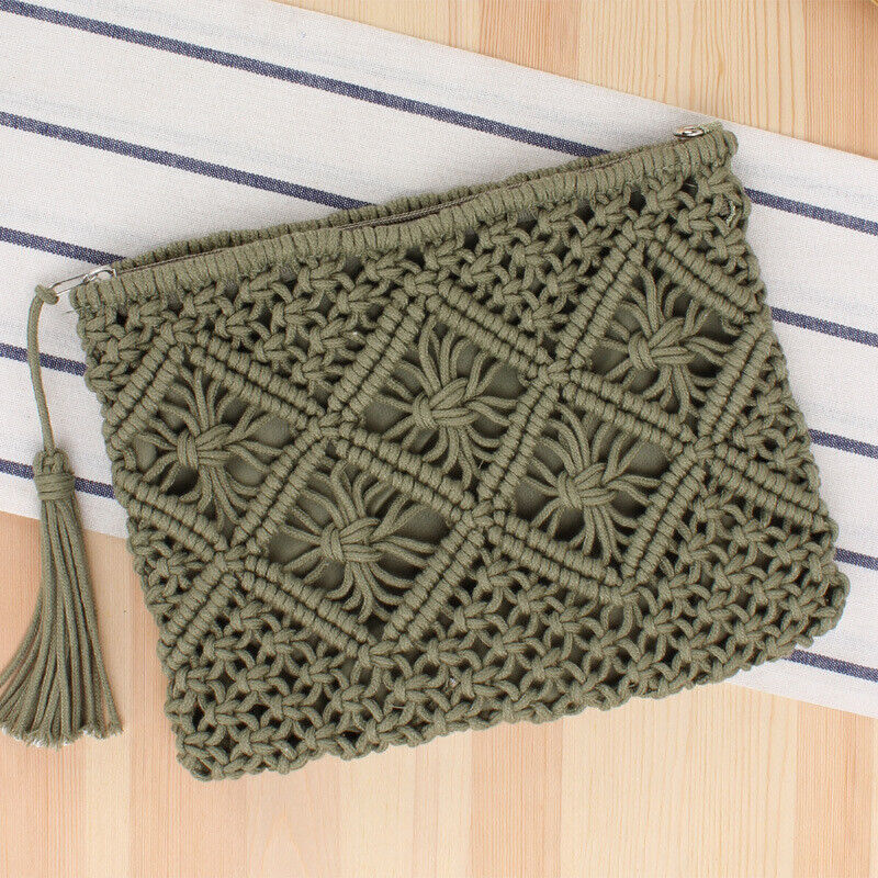 Boho Woven Handbag Women Summer Beach Cotton Tassel Bag Rattan Shoulder Ladies