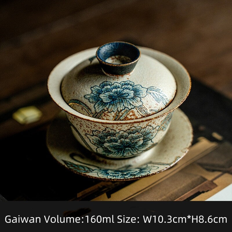 Handpainted Gaiwan Teacup Pitcher Ceramic Peony Print Master Cup Tureen Fair Cup
