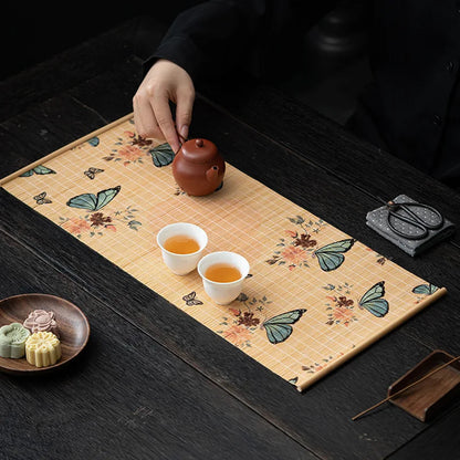 50cm Bamboo Woven Table Decorative Heat Insulation Mat Butterfly Print Tea Mat