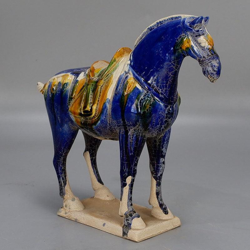 9" Chinese Old Tang Tri-Color Glazed Ceramics Blue War Horse Porcelain Statue