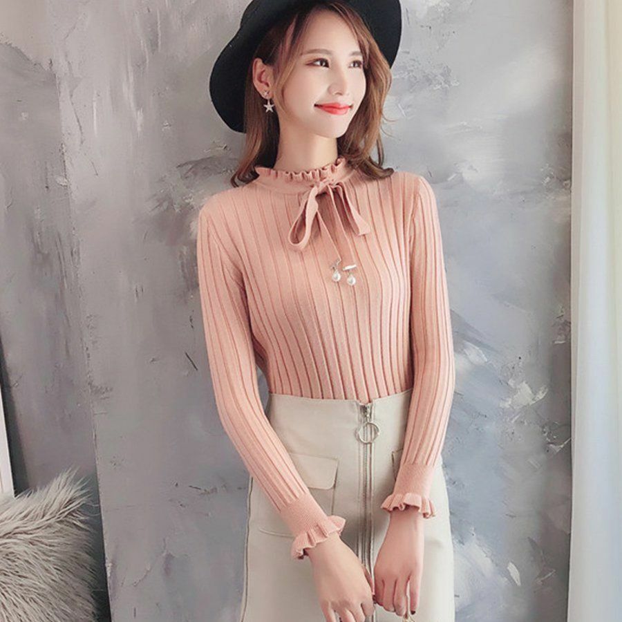 Women Sweater Knitted Long Sleeve Knitwear Elastic Basic Korean Style Pullover